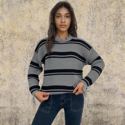 Damen Oversized Strickpullover Streifenmuster Fransen