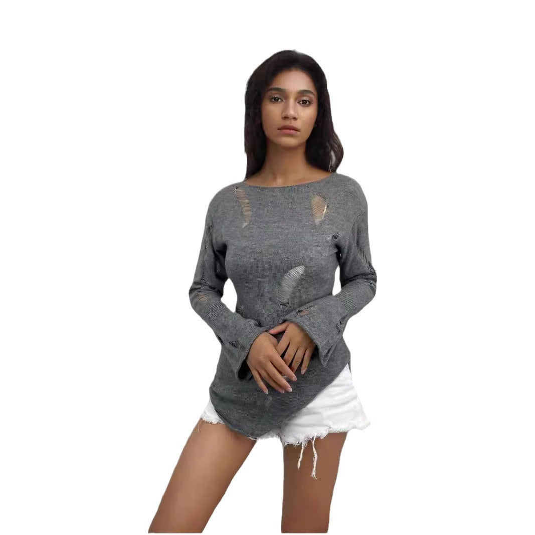 Damen Rippstrickpullover Distressed Details Grau Eveloria