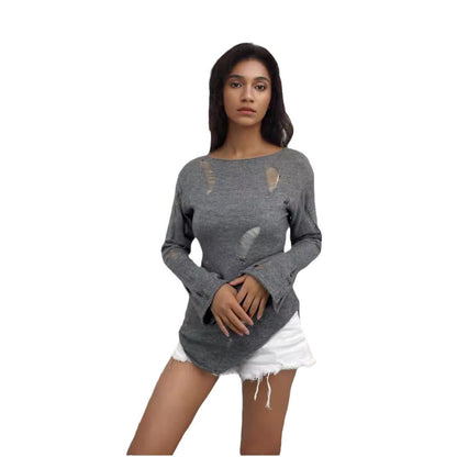 Damen Rippstrickpullover Distressed Details Grau Eveloria
