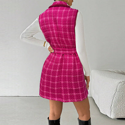 Damen Wickelkleid Karomuster Taillengürtel