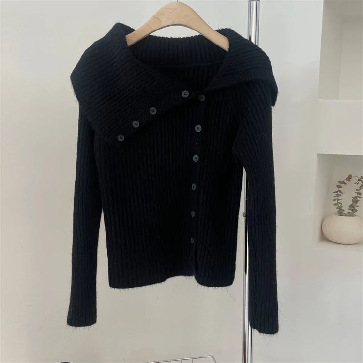 Damen Strickcardigan Feinripp mit Modikragen Anthrazit