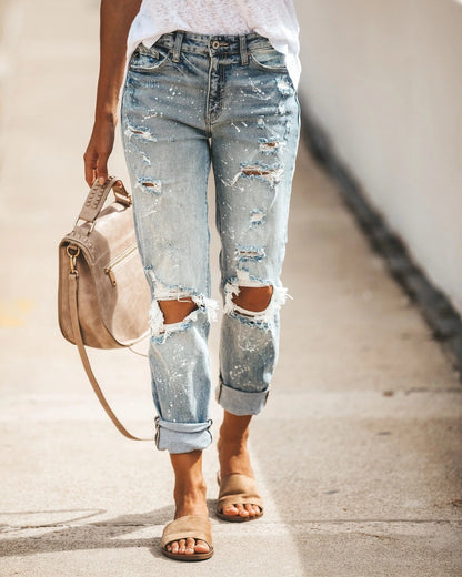 Damen Boyfriend Jeans Destroyed Lässig Blau