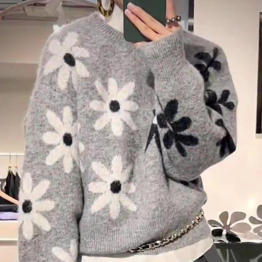 Damen Strickpullover Weiches Material Florales Muster Beige