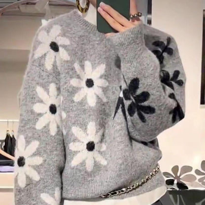 Damen Strickpullover Weiches Material Florales Muster Beige