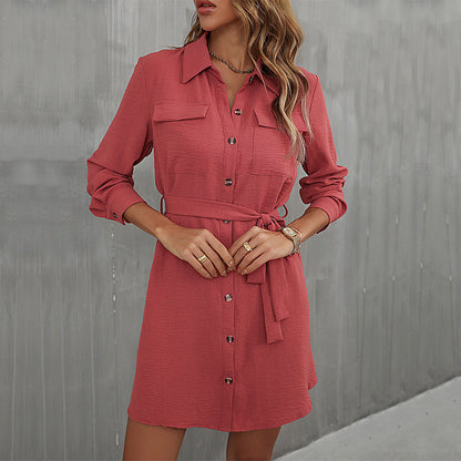 Damen Hemdblusenkleid Taillierbarer Gürtel Elegante Knöpfe