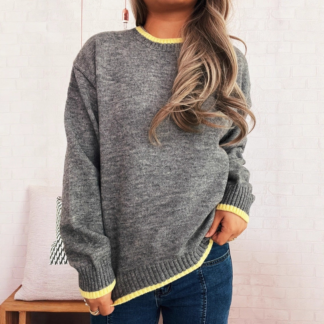 Damen Pullover Lässiger Stehkragen Rippdetails Grau