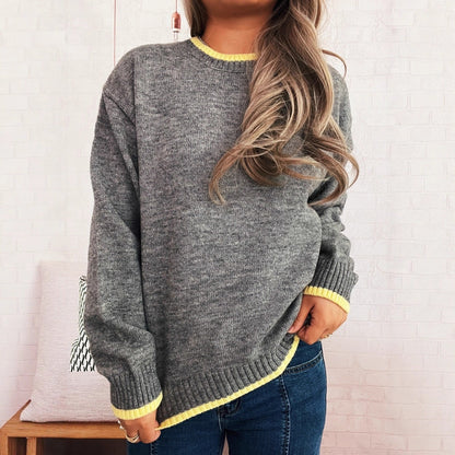 Damen Pullover Lässiger Stehkragen Rippdetails Grau