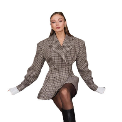 Damen Karo Blazer Oversized Doppelter Knopfverschluss