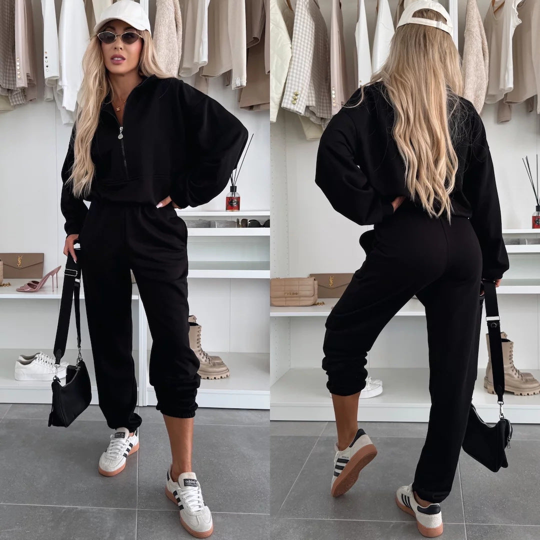 Damen Sportliches Loungewear-Set Stehkragen Reißverschlusshose Bequem