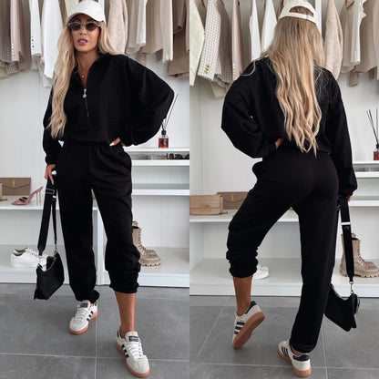 Damen Sportliches Loungewear-Set Stehkragen Reißverschlusshose Bequem