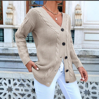 Damen Strickjacke Kabelmuster Klassische Knöpfe Beige