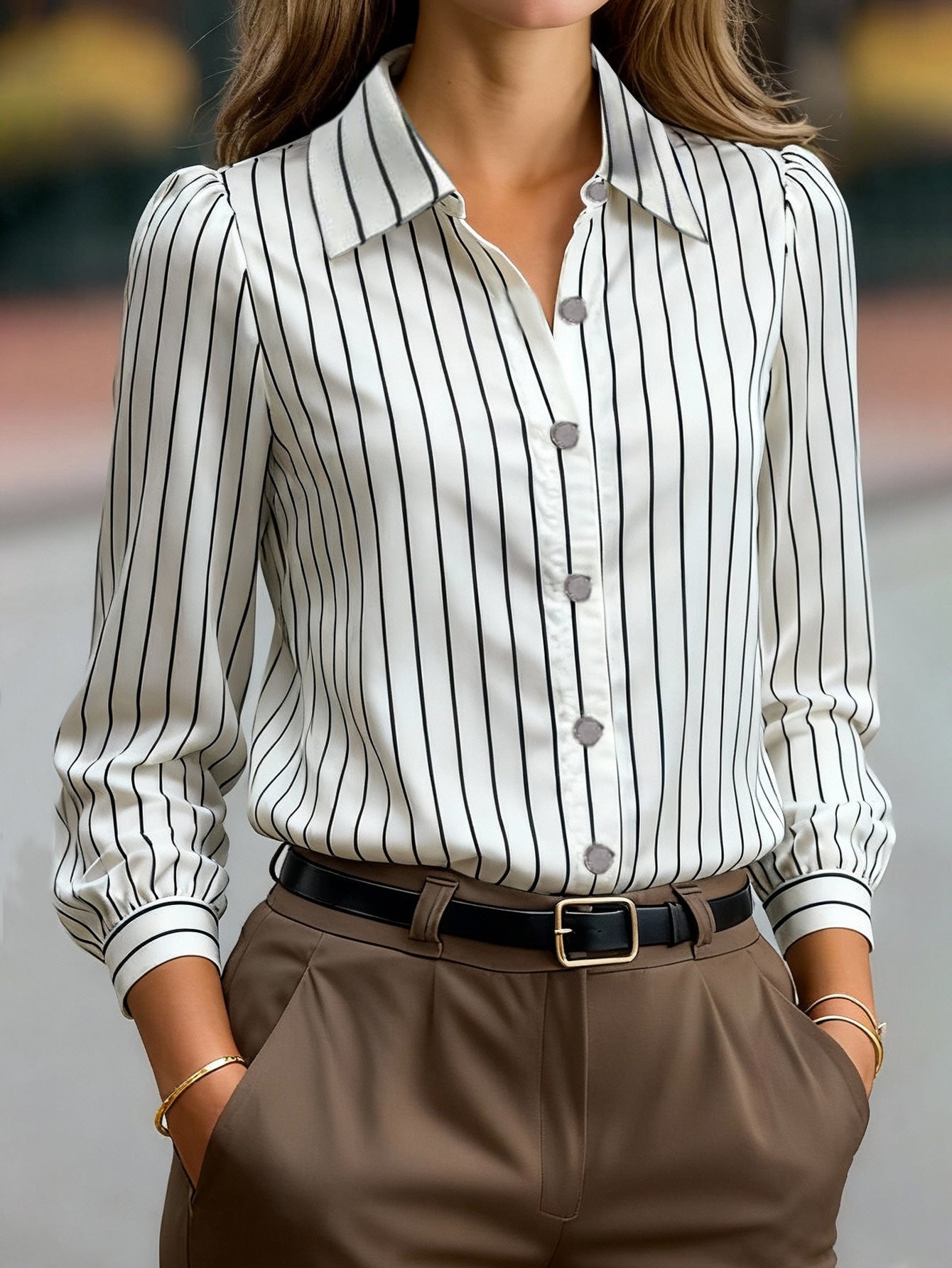 Damen Bluse Gestreift Klassischer Kragen Puffärmel