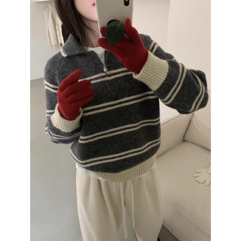 Damen Strickpullover Halbreißverschluss Gestreift Eveloria