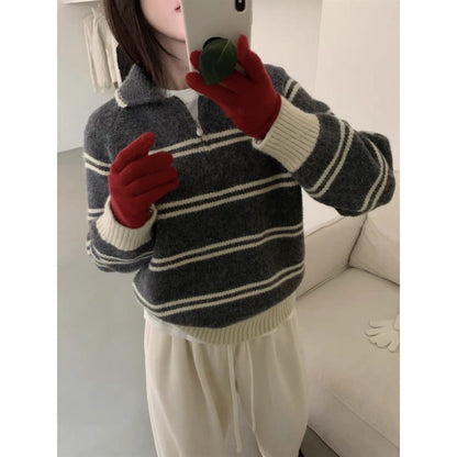 Damen Strickpullover Halbreißverschluss Gestreift Eveloria
