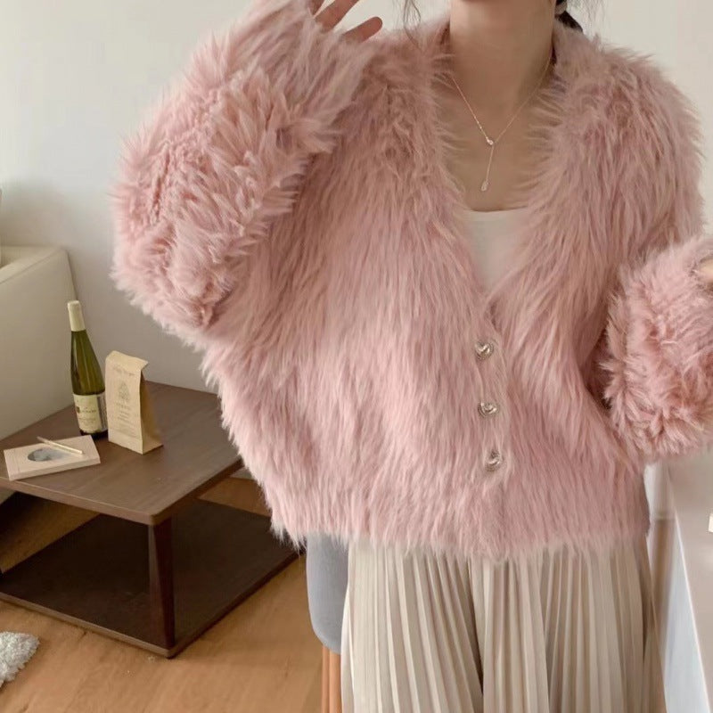 Damen Cardigan Flauschig Herzknöpfe Eveloria
