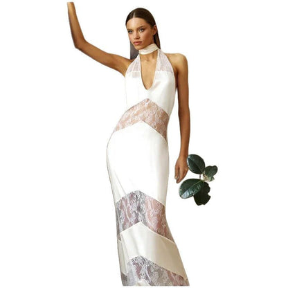 Damen Maxikleid Spitzenbesatz Elegant