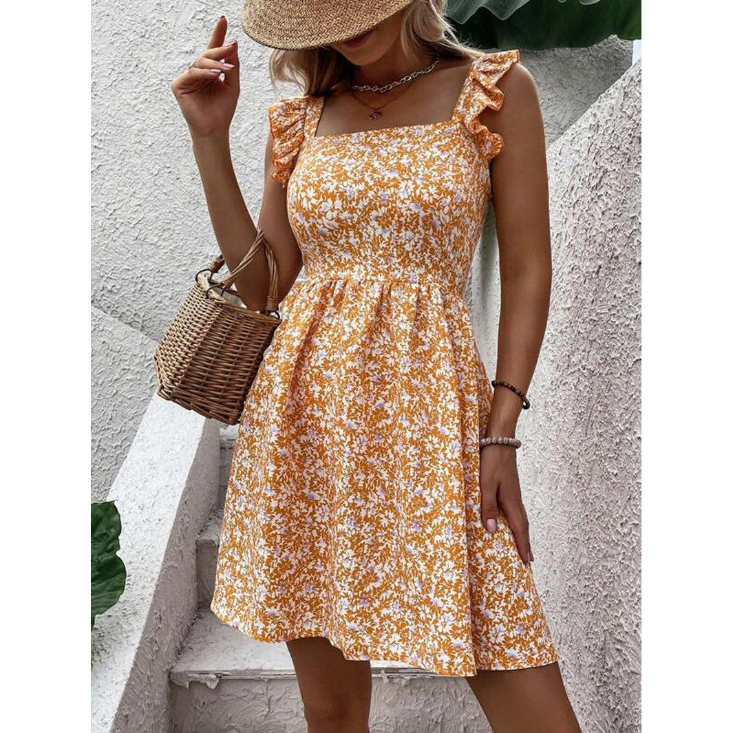 Damen Sommerkleid Rüschendetails Quadrat-Ausschnitt Eveloria