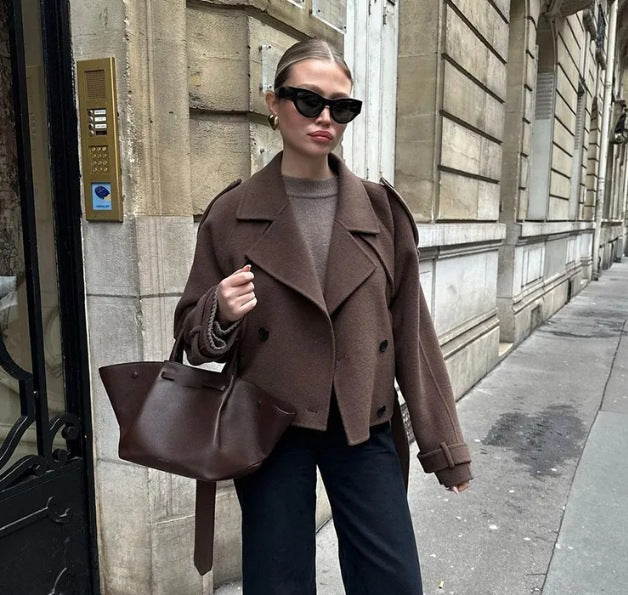 Damen Long-Trenchcoat Stehkragen Strukturiert Eveloria