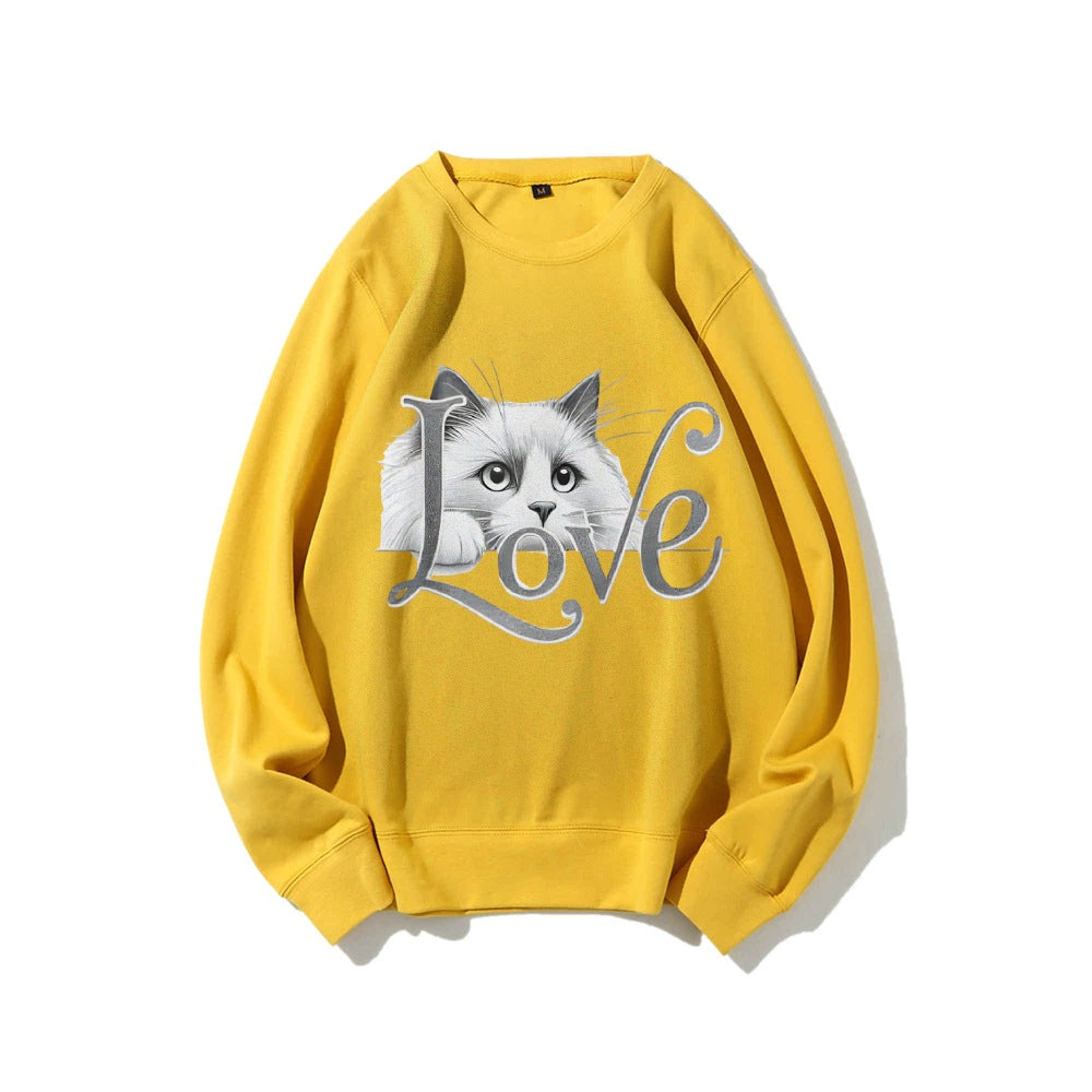 Damen Sweatshirt Katzenmotiv Lässig Grau Eveloria