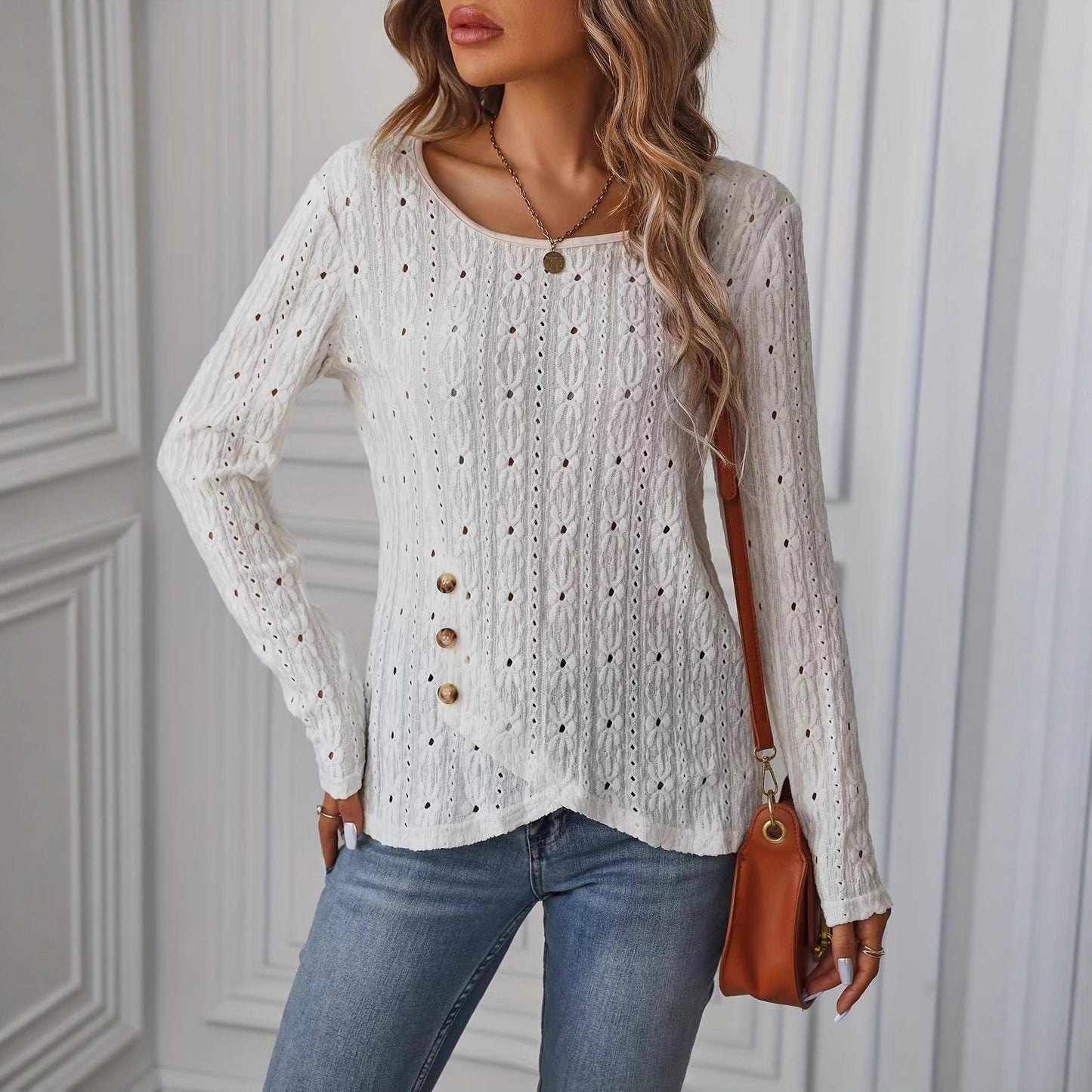 Damen Langarmshirt Dekorative Knöpfe Struktur Eveloria