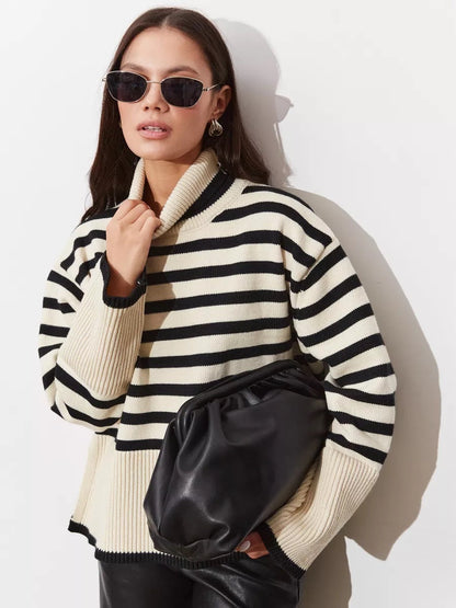Damen Pullover Grobgestrickt Breton-Streifen Hochkragen Beige