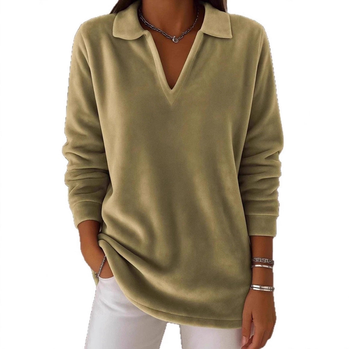 Damen Fleece Pullover V-Ausschnitt Weich Eveloria