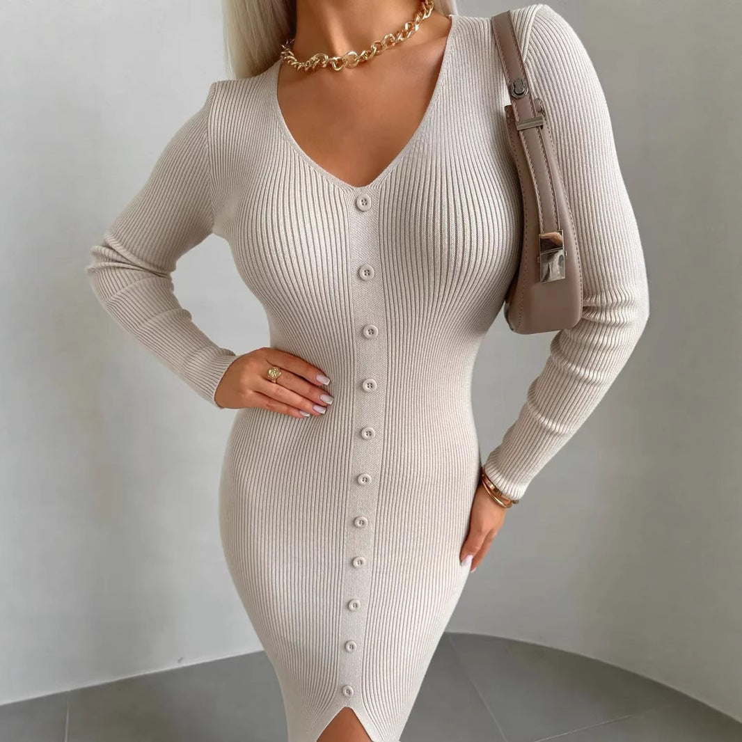 Damen Strickkleid Hochknöpfe Tiefes V Eveloria - Eveloria