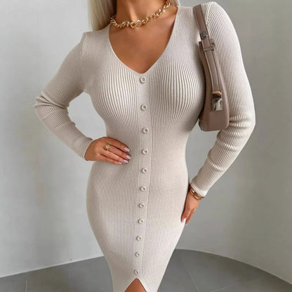 Damen Strickkleid Hochknöpfe Tiefes V Eveloria - Eveloria
