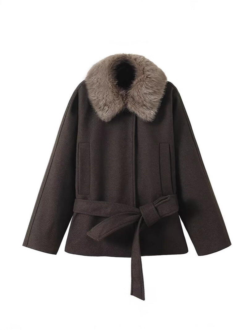 Damen Übergangsjacke Kunstfellkragen Taillengürtel Eveloria