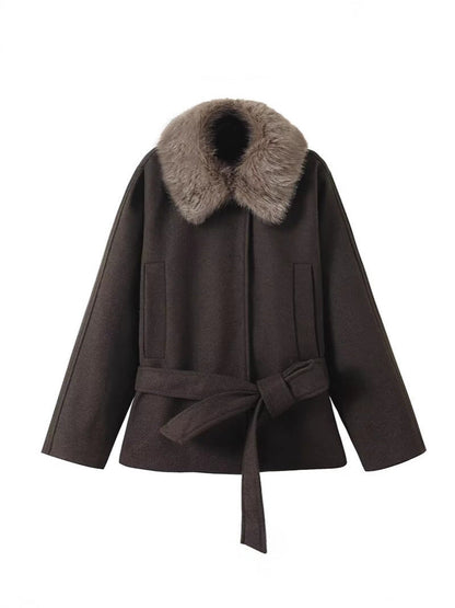 Damen Übergangsjacke Kunstfellkragen Taillengürtel Eveloria