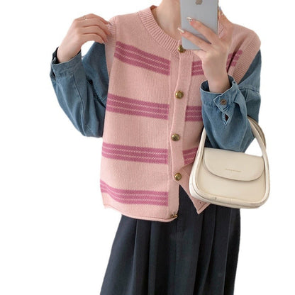 Damen Strickjacke Streifenmuster Dekorative Knöpfe Eveloria