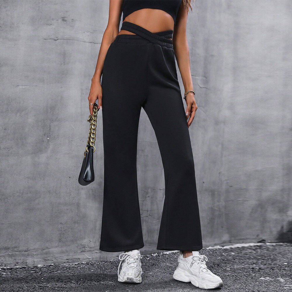 Damen High-Waist-Hose Weite Passform Elegant Knoten-Detail Schwarz - Eveloria