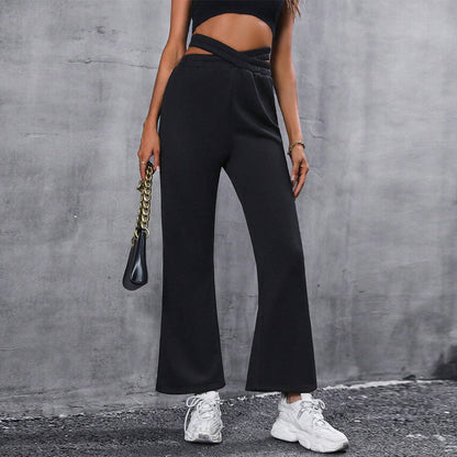 Damen High-Waist-Hose Weite Passform Elegant Knoten-Detail Schwarz - Eveloria