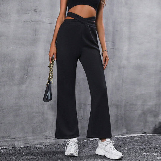 Damen High-Waist-Hose Weite Passform Elegant Knoten-Detail Schwarz - Eveloria