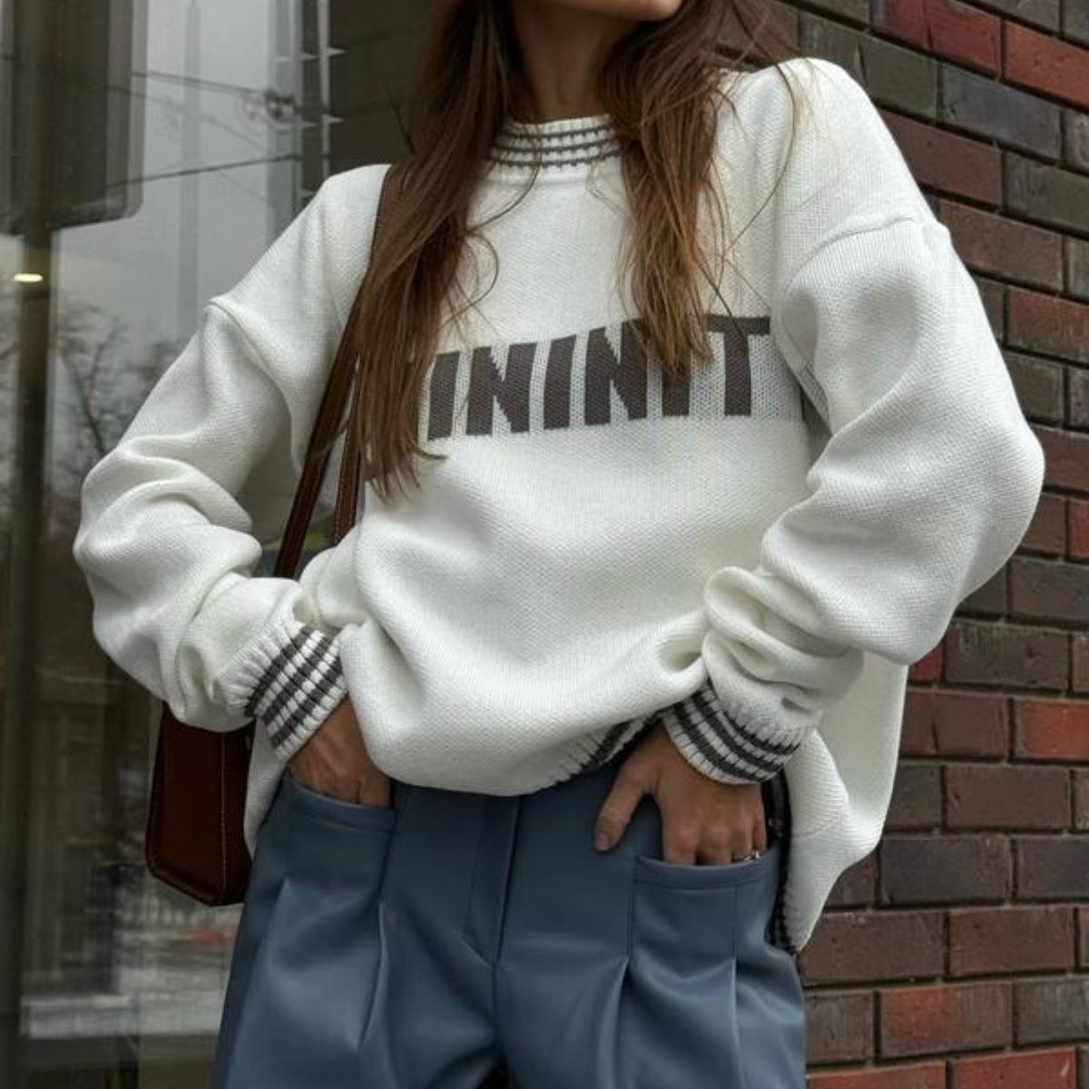 Damen Sweatpullover Lässig Streifen Bündchen Grau