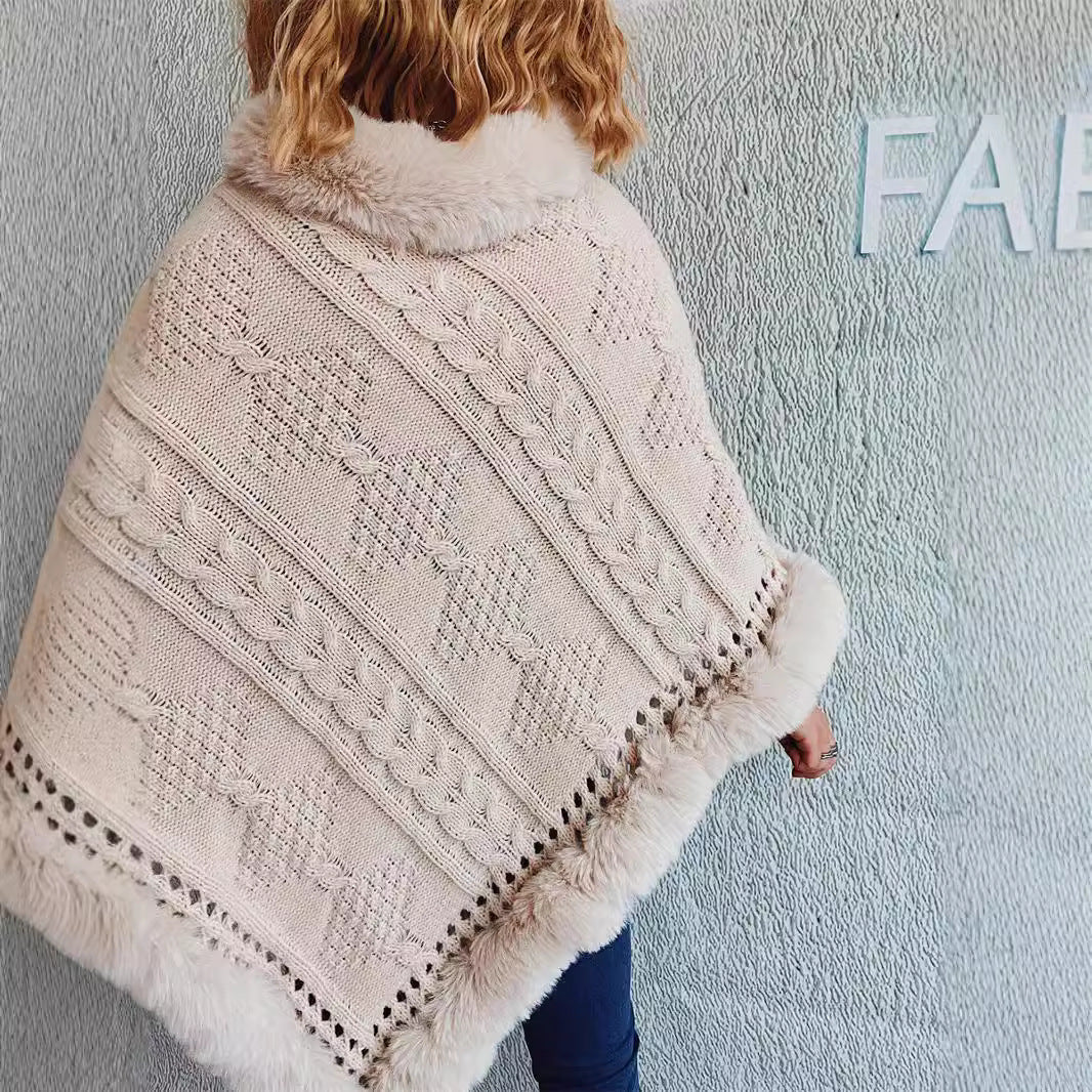 Damen Strickponcho Weiches Fell Dekorative Zöpfe Braun
