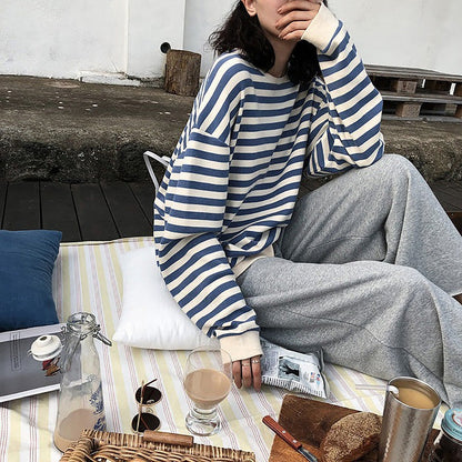 Damen Sweatshirt Gestreift Weites Modell Lässige Ärmel