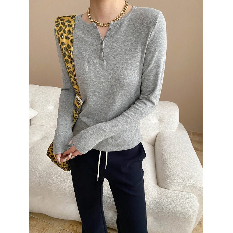 Damen Langarmshirt mit Knöpfen und Brusttasche Eveloria