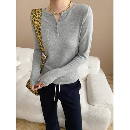 Damen Langarmshirt mit Knöpfen und Brusttasche Eveloria