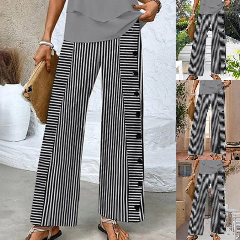 Damen Palazzo-Hose Streifen Weite Knopfdetails Schwarz - Eveloria