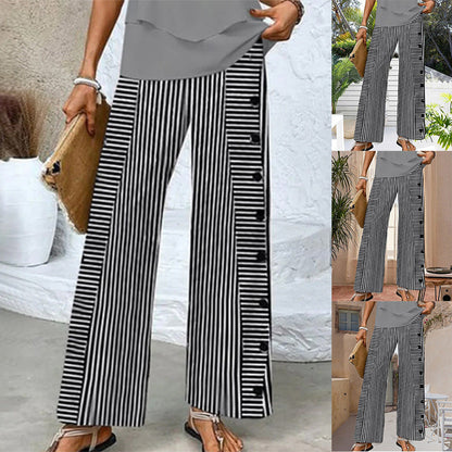 Damen Palazzo-Hose Streifen Weite Knopfdetails Schwarz - Eveloria
