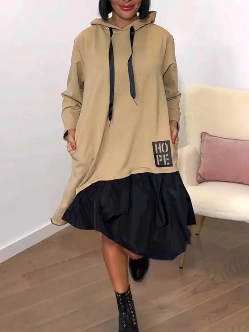 Damen Hoodie-Kleid Voluminöser Rock Praktische Taschen Schwarz - Eveloria
