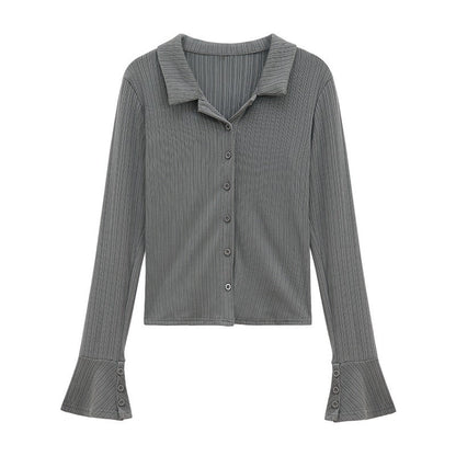 Damen Langarmshirt Volantärmel Modisch Blümchenweiß