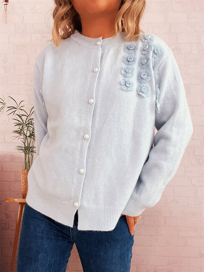Damen Strickjacke Florale Applikationen Knöpfe Beige