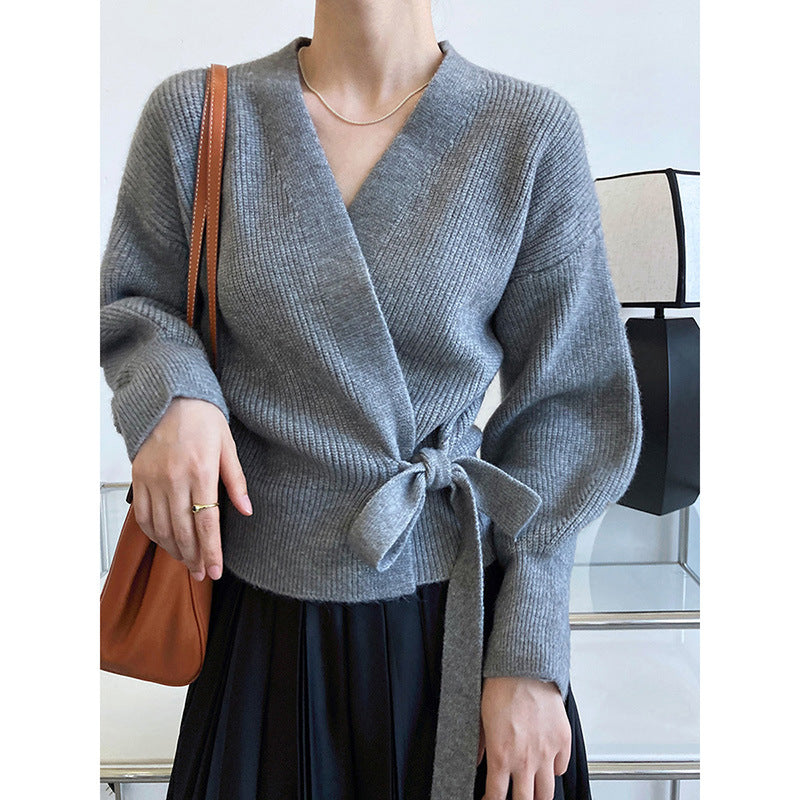 Damen Wickelstrickjacke V-Ausschnitt Gürtel Eveloria