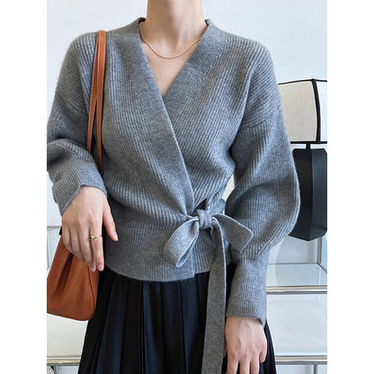 Damen Wickelstrickjacke V-Ausschnitt Gürtel Eveloria
