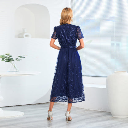 Eveloria Damen Midi Kleid V-Ausschnitt Gürtel Kurzärmelig - Eveloria