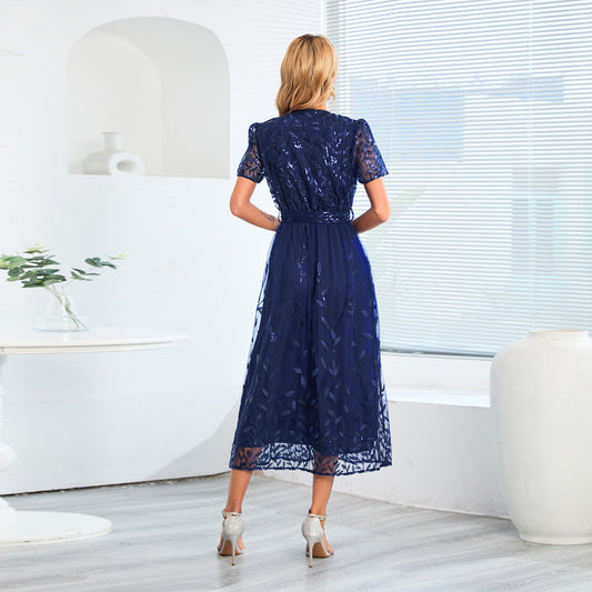 Eveloria Damen Midi Kleid V-Ausschnitt Gürtel Kurzärmelig - Eveloria