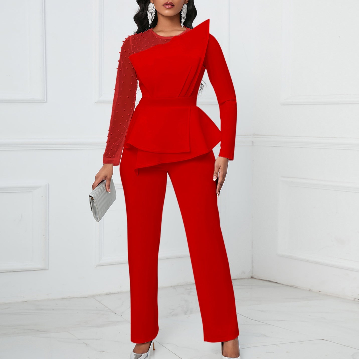 Damen Jumpsuit Asymmetrisch Perlendetails Eveloria