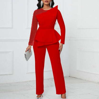 Damen Jumpsuit Asymmetrisch Perlendetails Eveloria